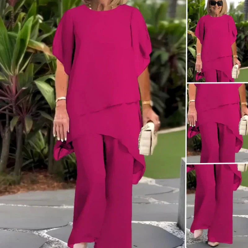 Elira – Charmigt set med asymmetrisk topp och vida byxor